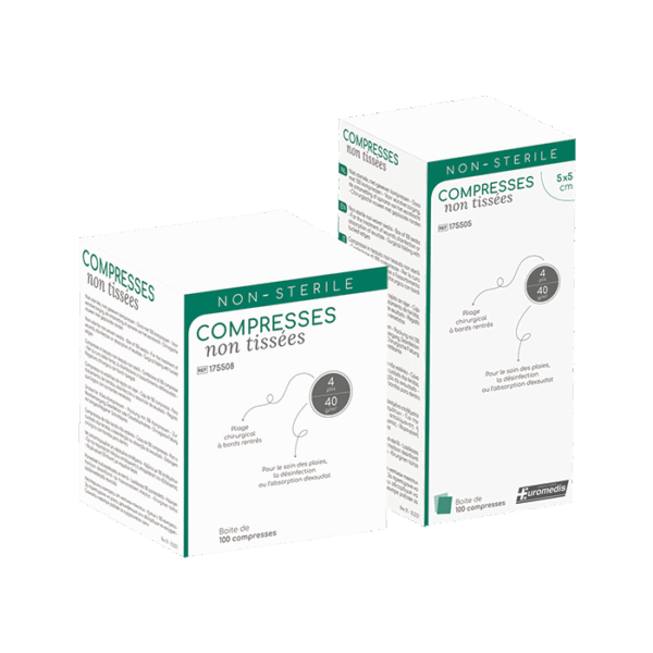 Compresse en non-tissé non-stérile de 40g/m², 4 plis paquet de 100