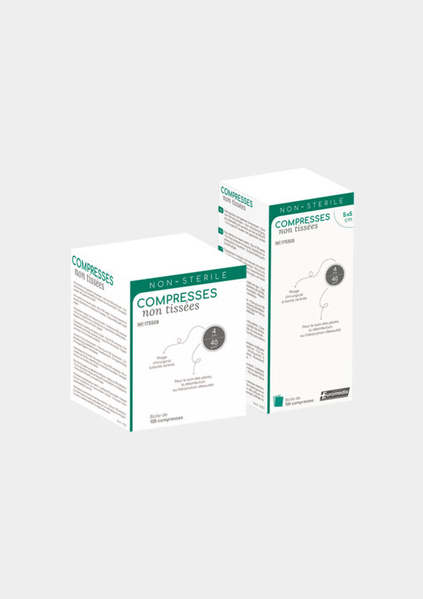 Compresse en non-tissé non-stérile de 40g/m², 4 plis paquet de 100